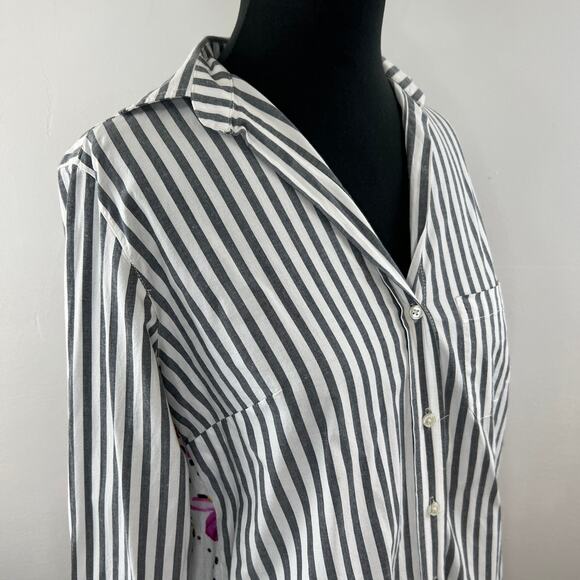 TOLANI Gray White Stripe Button-Up Tunic Top Multicolor Floral Long Sleeve XXS - Picture 4 of 9